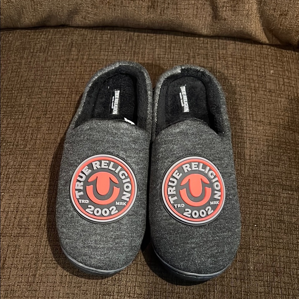 True Religion Charcoal Slippers with Red Logo